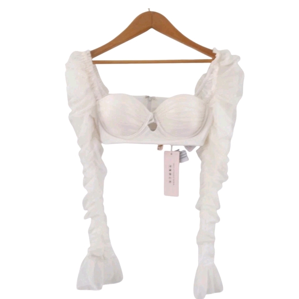 Oh Polly Chamonix Long sleeve Ruched Crop Top Cream Womens Size 4 NEW